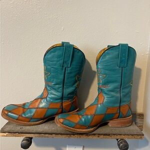 Tin Haul Teal and tan Heeled Boots
